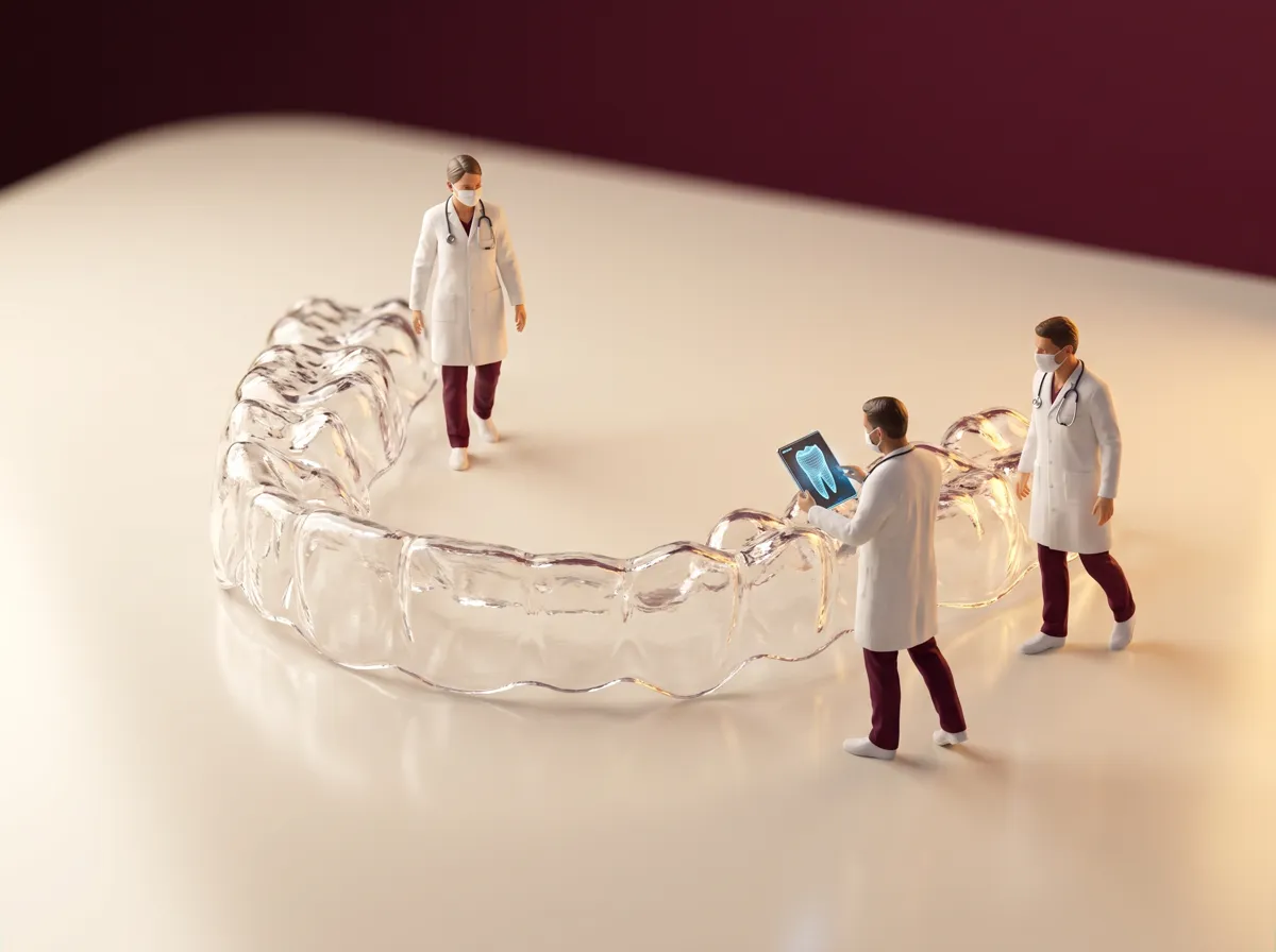 Illustration: tiny doctors inspecting a clear aligner