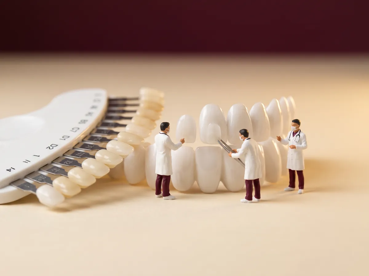 Illustration: tiny doctors fitting a porcelain veneer